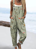 Women's Vintage Floral Art Print Casual Cotton Linen Wide Leg Jumpsuit
