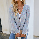 Women's Cropped Open Front Button Down V Neck Knit Cardigan Sweater for Autumn Winter