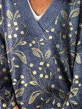 Vintage Lovely Floral Art Print Knit V-neck Pullover Sweater