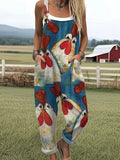 Damen Süßer Hühner-Print Freizeit-Jumpsuit mit Taschen RSJT410