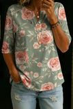Damen Vintage Blumenmuster Freizeit Henley Baumwoll-Oberteil mit halbem Arm RSST211