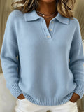 Classic Polo Neck Button-Down Solid Color Sweater Top 1412