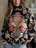 Women's Vintage Lovely Floral Art Print Knit Turtleneck Pullover Sweater