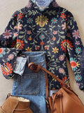 Women's Vintage Lovely Floral Art Print Knit Turtleneck Pullover Sweater