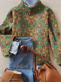 Women's Vintage Lovely Floral Art Print Knit Turtleneck Pullover Sweater