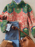Vintage Lovely Floral Art Print Knit Turtleneck Pullover Sweater