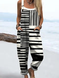 Women's Abstract Geometric Pattern Art Print Casual Cotton Linen Wide Leg Jumpsuit