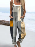 Women's Abstract Geometric Pattern Art Print Casual Cotton Linen Wide Leg Jumpsuit