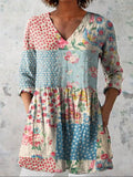 Women's Vintage Floral Patchwork Art Print Casual Cotton Linen V-neck Shirt