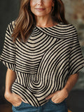 Women's Geometric Line Pattern Art Print Casual Crew Neck Short Sleeve Knitted Sweater