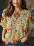 Women's Vintage Floral Art Print Casual Crew Neck Short Sleeve Knitted Sweater