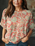 Women's Vintage Floral Art Print Casual Crew Neck Short Sleeve Knitted Sweater