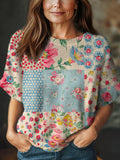 Women's Vintage Floral Art Print Casual Crew Neck Short Sleeve Knitted Sweater