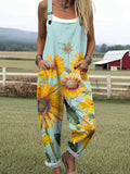 Women's Lovely Sunflowers Pattern Art Print Casual Cotton Linen Wide Leg Jumpsuit
