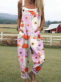 Women's Lovely Flowers Pattern Art Print Casual Cotton Linen Wide Leg Jumpsuit