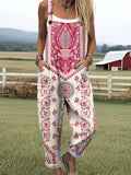 Women's Vintage Floral Pattern Art Print Casual Cotton Linen Wide Leg Jumpsuit