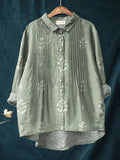 Women's Vintage Floral Art Print Casual Cotton And Linen Ruffle Shirt