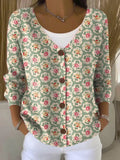 Women's Vintage Floral Art Print Buttoned V-neck Cardigan Sweater