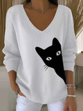 Women's Lovely Cat Art Print Casual Pullover Sweater
