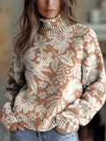 Women's Vintage Art Flower Print Knit Turtleneck Pullover Sweater