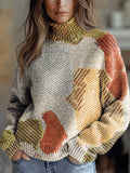Women's Vintage Artistic Colour Blocking Lines Print Knit Turtleneck Pullover Sweater
