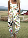 Women's Fun Farm Animals Print Casual Cotton Linen Wide Leg Jumpsuit