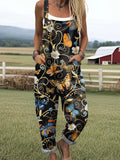 Women's Retro Art Butterfly Flower Festival Print Casual Cotton Linen Wide Leg Jumpsuit