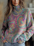 Women's Retro Ethnic Art Flowers Print Knit Turtleneck Pullover Sweater