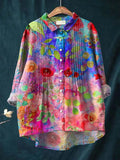 Women's Retro Colorful Artistic Flowers Print Casual Cotton And Linen Ruffle Shirt