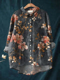 Women's Retro Art Flowers Print Casual Cotton And Linen Ruffle Shirt