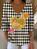 Women's Plaid Chicken Print Casual Pullover Sweater