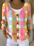 Small Flower Colorful Plaid Print Buttoned V-neck Cardigan Sweater