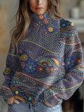 Vintage Art Print Knit Turtleneck Pullover Sweater