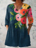 Women's Vintage Floral Print Casual Linen V-neck Shirt