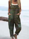 Women's Vintage Abstract Geometric Art Print Casual Cotton Linen Wide Leg Jumpsuit