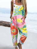 Women's Vintage Floral Art Print Casual Cotton Linen Wide Leg Jumpsuit