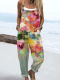 Women's Vintage Flowers Art Print Casual Cotton Linen Wide Leg Jumpsuit