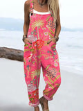 Women's Vintage Flowers Art Print Casual Cotton Linen Wide Leg Jumpsuit