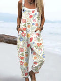 Women's Vintage Flowers Art Print Casual Cotton Linen Wide Leg Jumpsuit