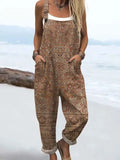 Women's Boho Vintage Art Print Casual Cotton Linen Wide Leg Jumpsuit