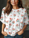 Women's Vintage Flower Art Print Casual Crew Neck Short Sleeve Knitted Sweater