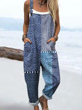 Women's Retro Abstract Dot Stripe Art Print Casual Cotton Linen Wide Leg Jumpsuit