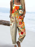 Women's Vintage Flower Art Print Casual Cotton Linen Wide Leg Jumpsuit
