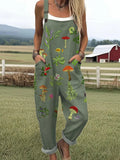 Damen Jumpsuit im Casual-Stil mit botanischer Pilz-Stickerei und Taschen RSJT414