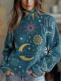Embroidery Style Galaxy Pattern Printed Knit Turtleneck Pullover Sweater