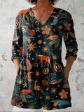 Midnight Woodland Pattern Printed Women's Casual Linen V-Neck Shirt