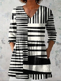 Abstract Strip Pattern Printed Women's Casual Linen V-Neck Shirt