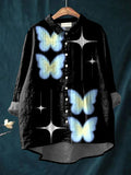 Women's Beautiful Abstract Butterfly Painting Art Print Casual Cotton And Linen Ruffle Shirt