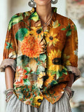 Women's Vintage Sunflower Floral Painting Art Print Casual Cotton And Linen Ruffle Shirt