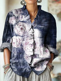 Women's Vintage Abstract Rose Floral Painting Art Print Casual Cotton And Linen Ruffle Shirt